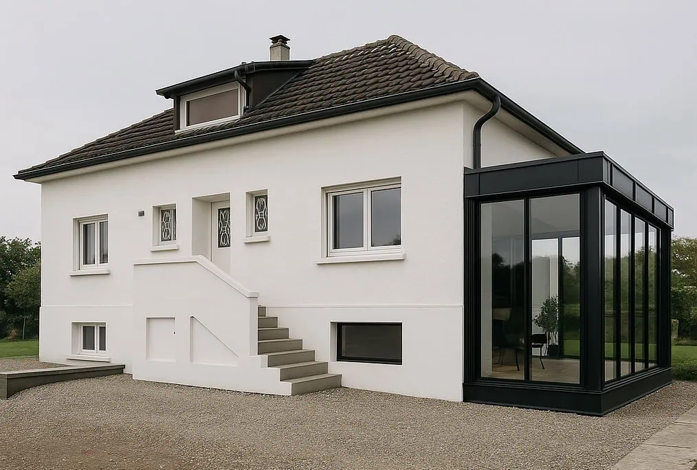 Extension maison véranda aluminium noir verrière contemporaine permis construire architecte Haute-Savoie lac Léman