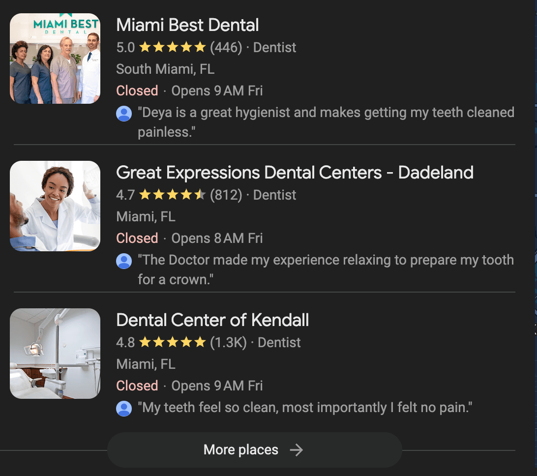 The Google Places section when you search “dentist”