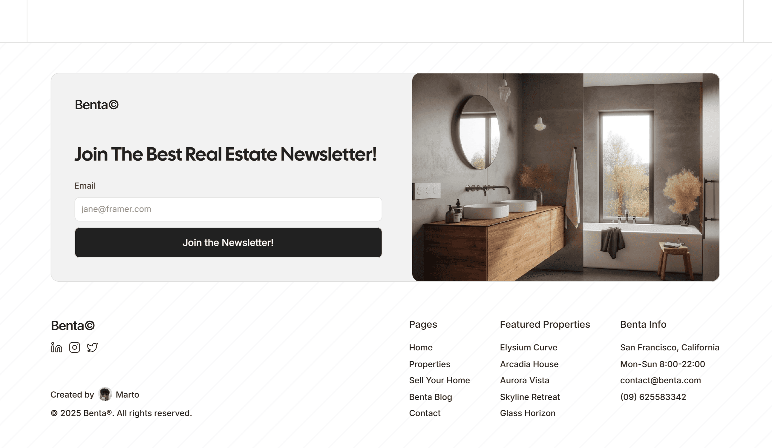 Newsletter signup card for a real estate agency beside a photo of a modern bathroom with wood cabinetry, double sinks, and a large window.