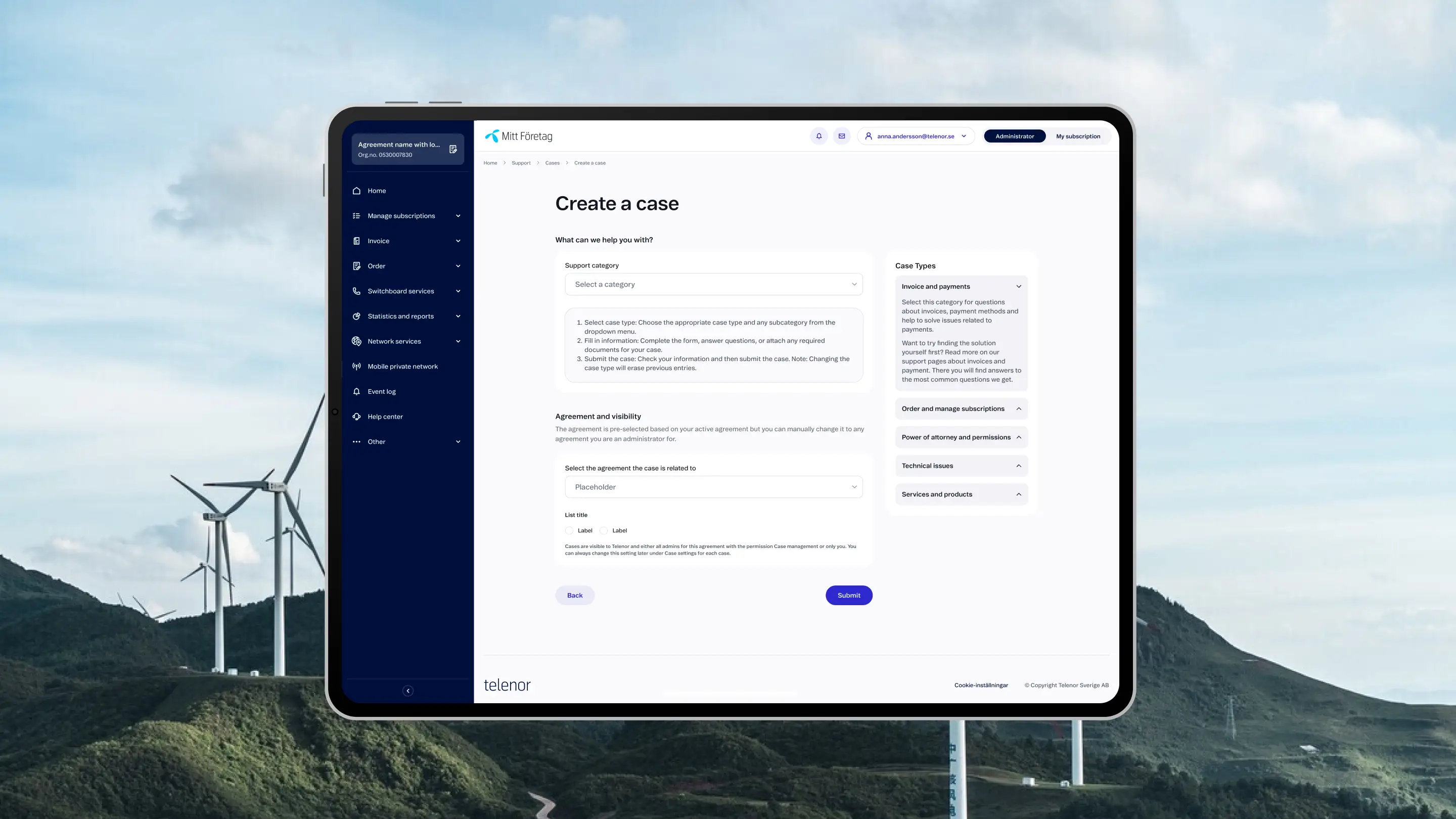 Tablet showing UI