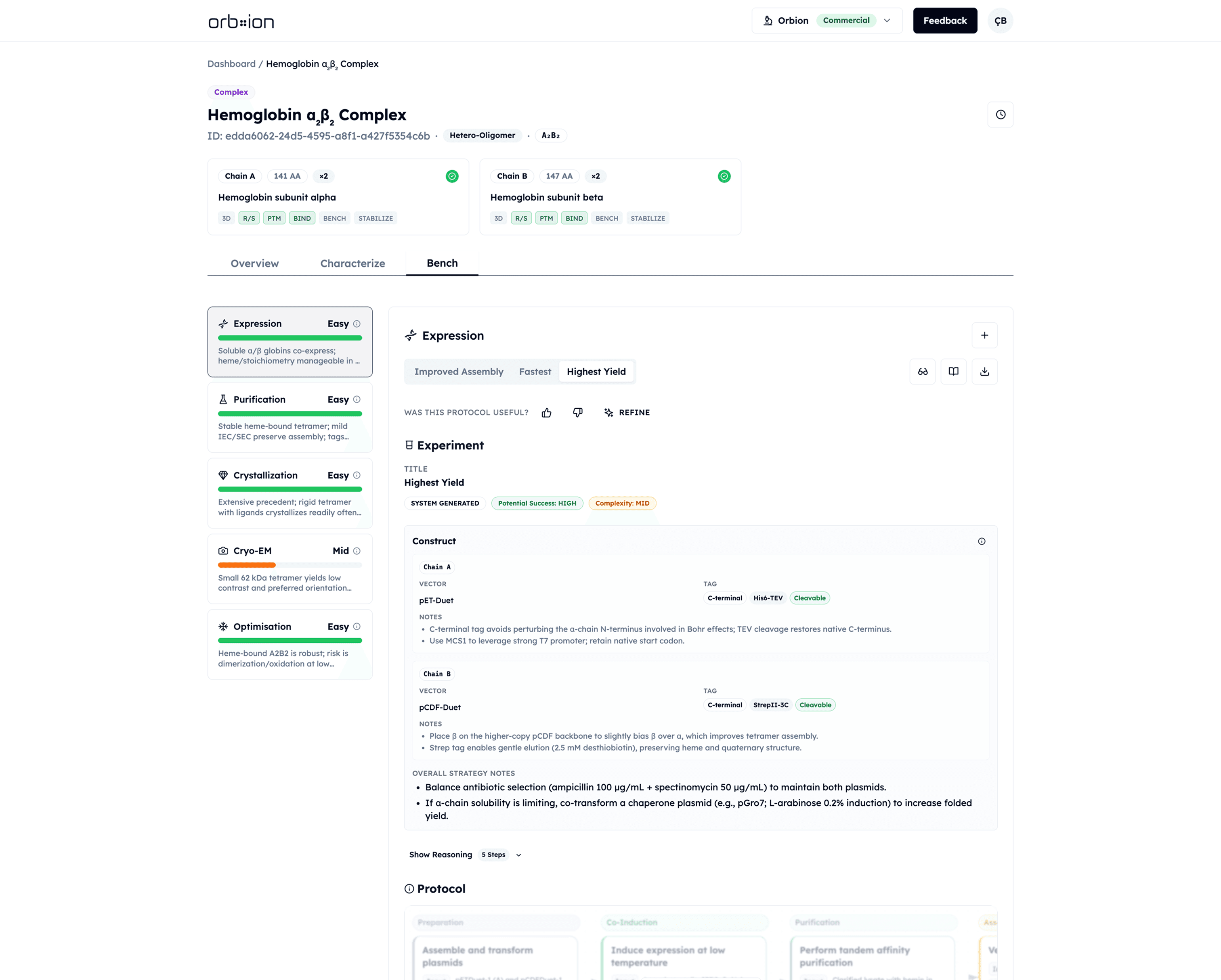 Orbion Platform's Expression Protocol for Hemoglobin A2B2 Complex