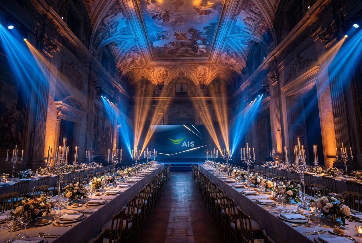 Grand gala dinner setup in a historic hall with frescoed ceilings, featuring two long banquet tables decorated with candelabras and floral centerpieces. Dramatic blue and gold stage lights illuminate the room, focusing on a screen display