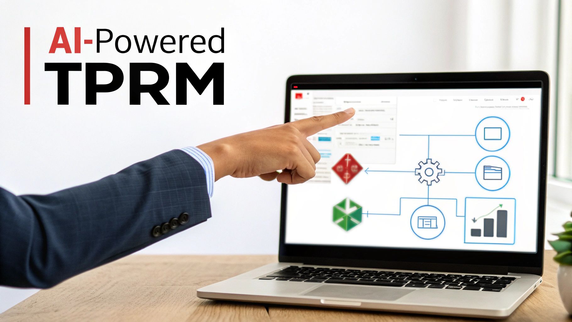 Hand pointing at a laptop screen displaying an AI-Powered TPRM business process diagram.