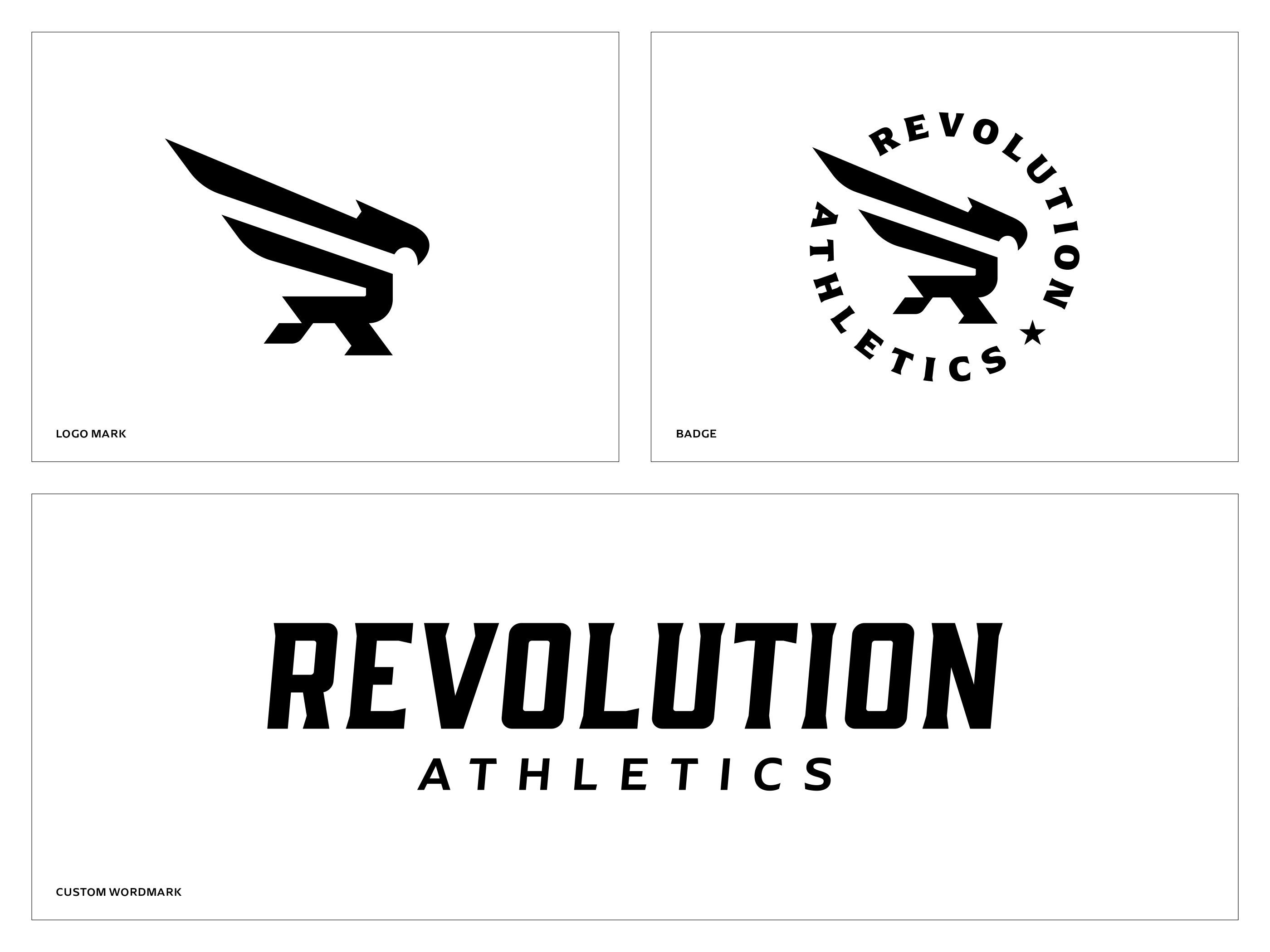 Revolution Athletics icon, wordmark and badge logos on white background.