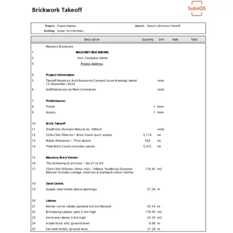 CostX Quantities report for masonry brickwork trade by SubsQS