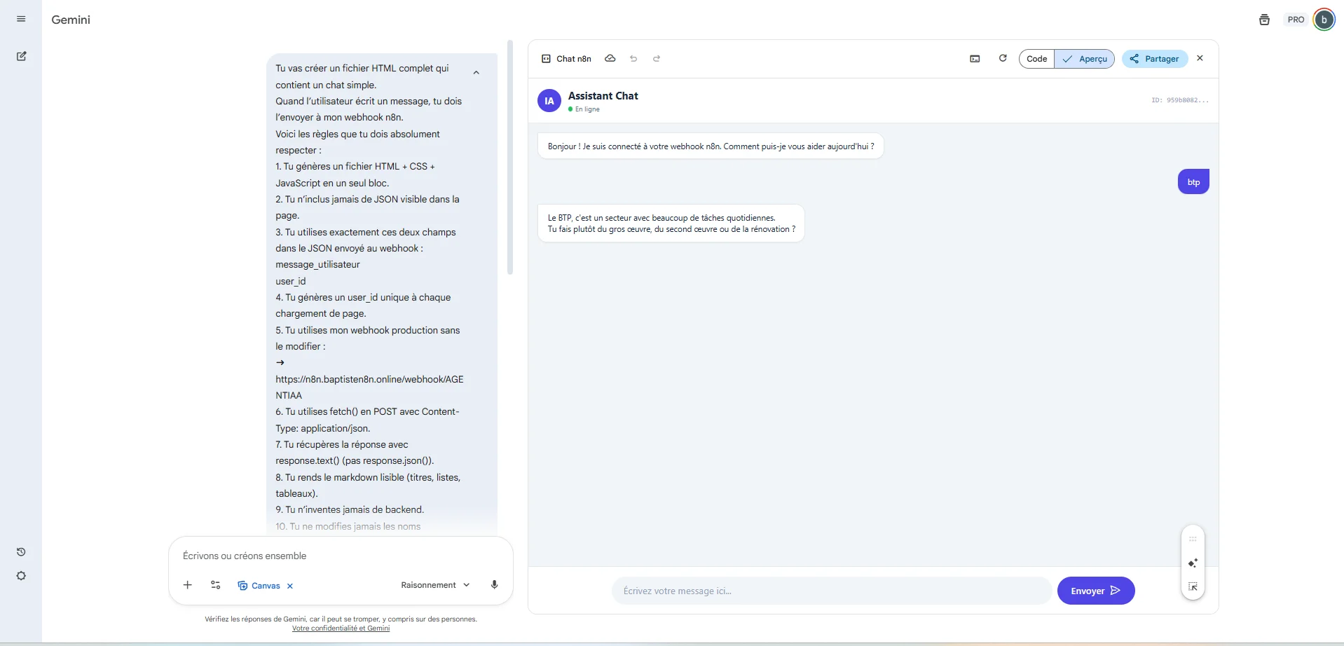 Prompt Gemini Canvas définissant les règles techniques pour créer une interface connectée à n8n
