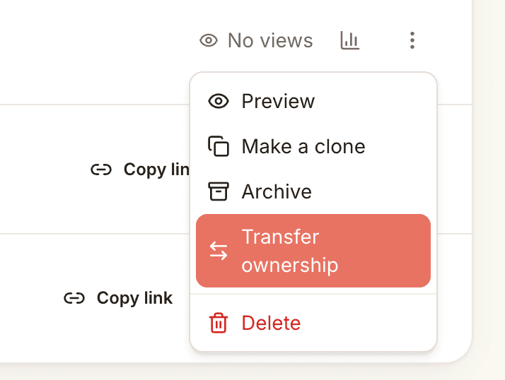 The Kollab workspace menu open, showing Preview, Make a clone, Archive, Transfer ownership, and Delete