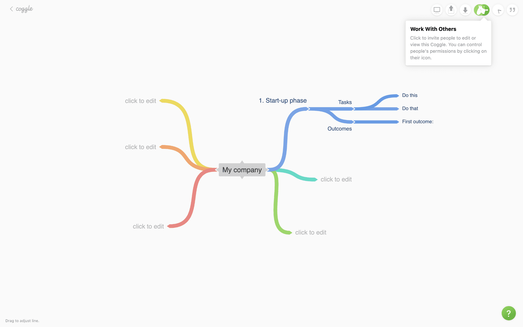 Coggle interface showing brainstorming flow with branches for startups