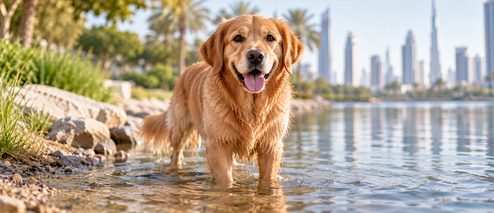 Golden retriever standing in shallow water with the Dubai skyline in the background.