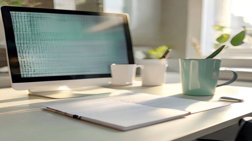 Office desk with a monitor showing data, an open notebook and a coffee mug in morning light