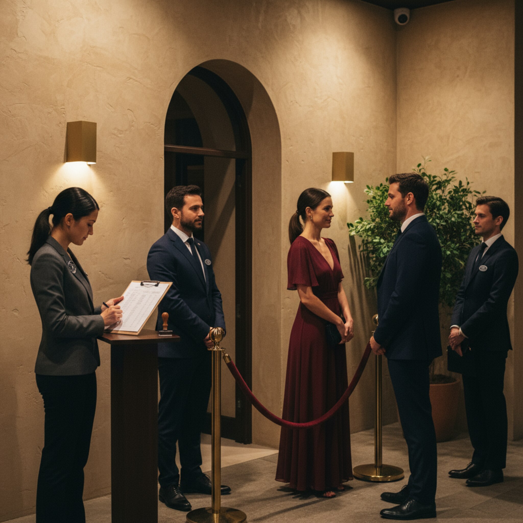 Ein dezenter Türbereich mit Samtkordel, zwei Mitarbeitenden und sorgfältig geführten Gästen. Warmes Licht fällt auf eine strukturierte Liste und einen Stempel. Die Bewegungen sind ruhig, die Kommunikation knapp und freundlich. Die Szene vermittelt Tempo, Sicherheit und Stil.