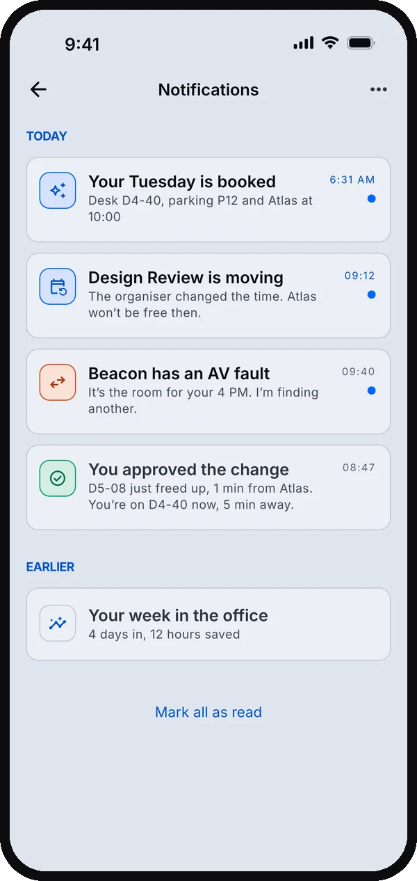 Notifications in the light theme: booked, moving, an AV fault and an approved change