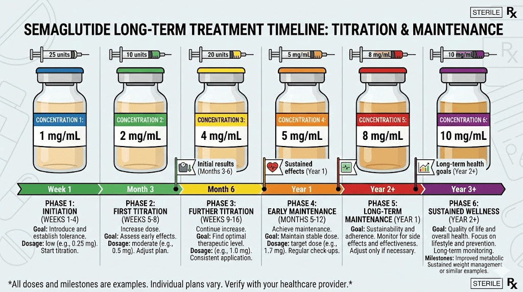 Long-term semaglutide treatment timeline from starting dose to maintenance