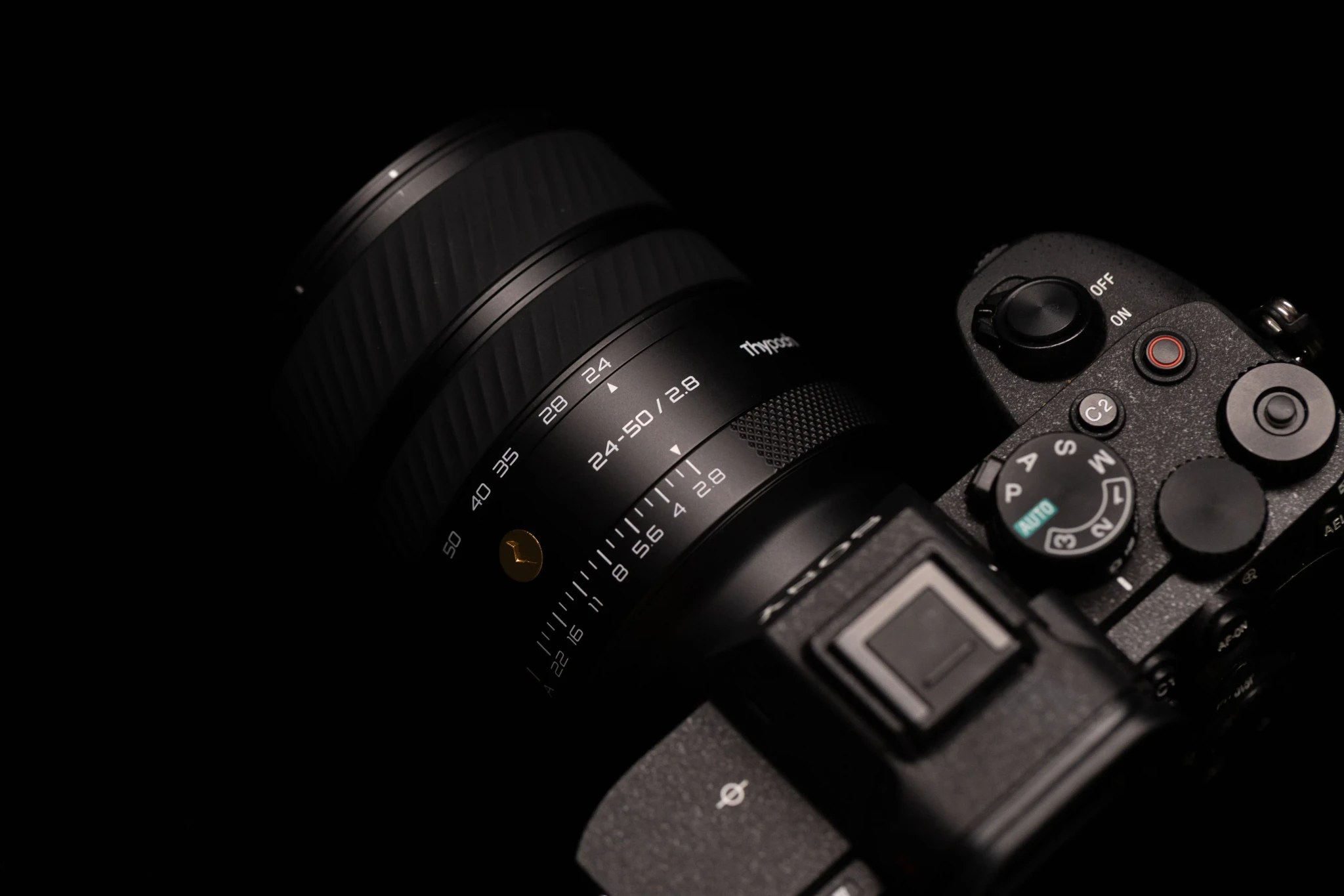 Thypoch Voyager 24-50mm f/2.8 mounted on a Sony camera body