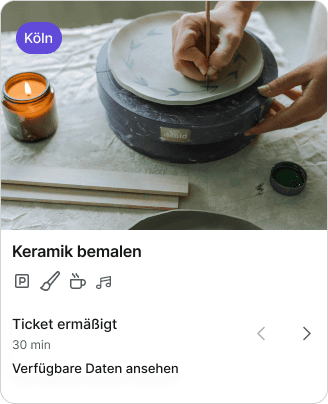 Buchungsansicht über das Buchungssystem von anny eines Workshops zum Keramik bemalen. Die Tour dauert 30 Minuten und ist zu verschiedenen Zeiten buchbar. 