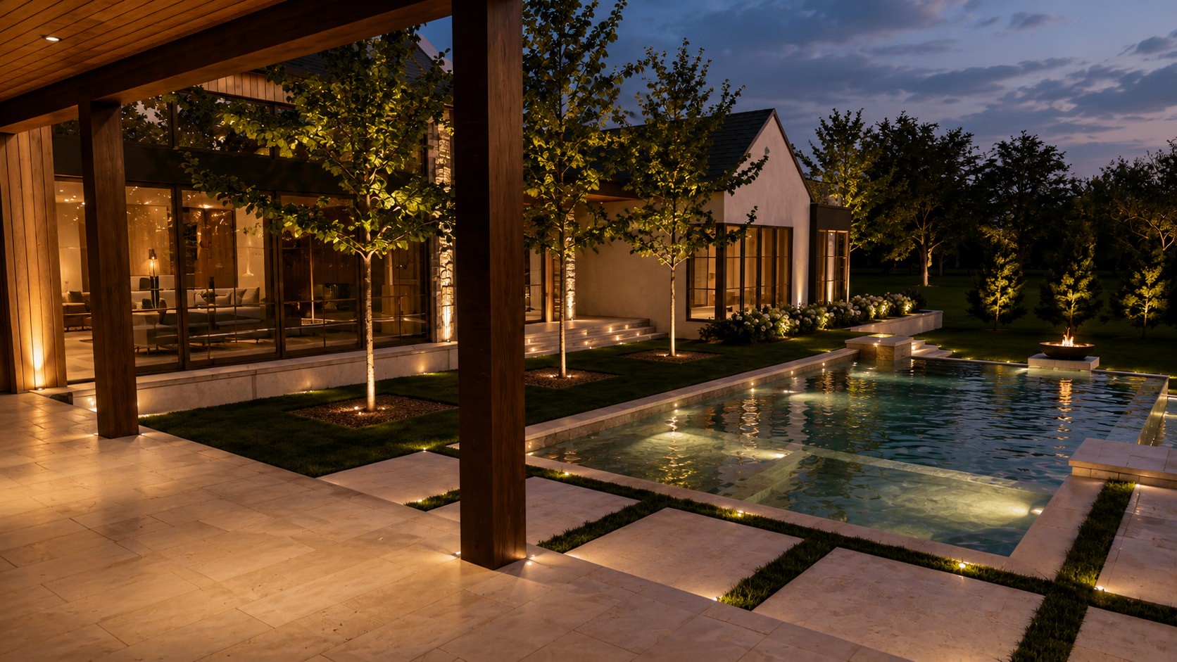 Rear pool and outdoor program at a Montrachet build — Blount Designs