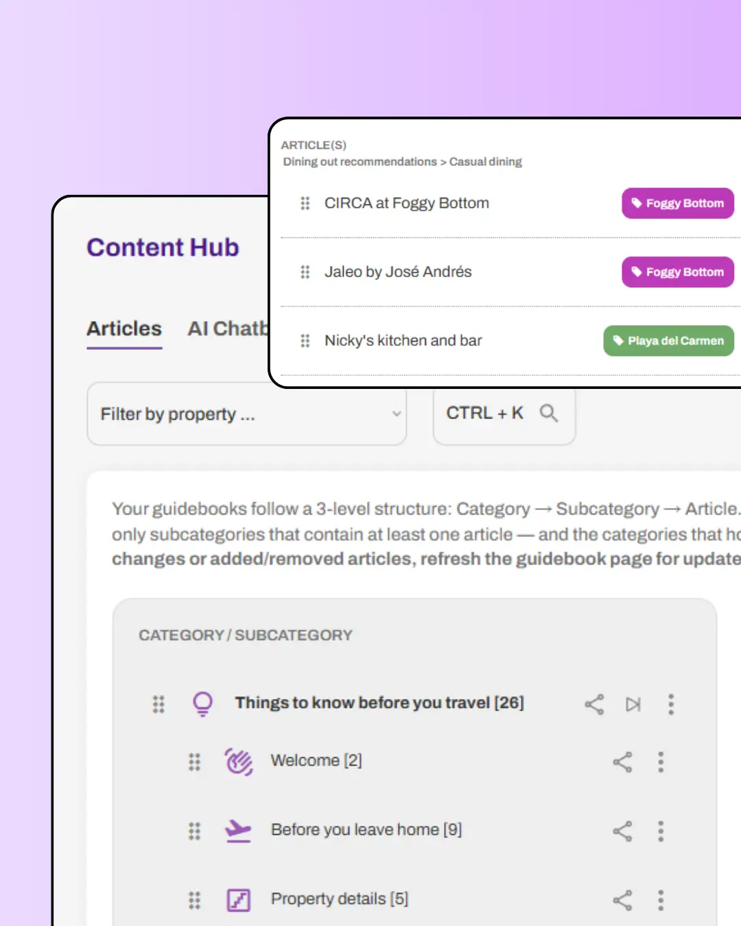 El Centro de contenido de SmoothStay muestra las categorías a la izquierda y los artículos a la derecha, con un menú desplegable para filtrar por propiedad.
