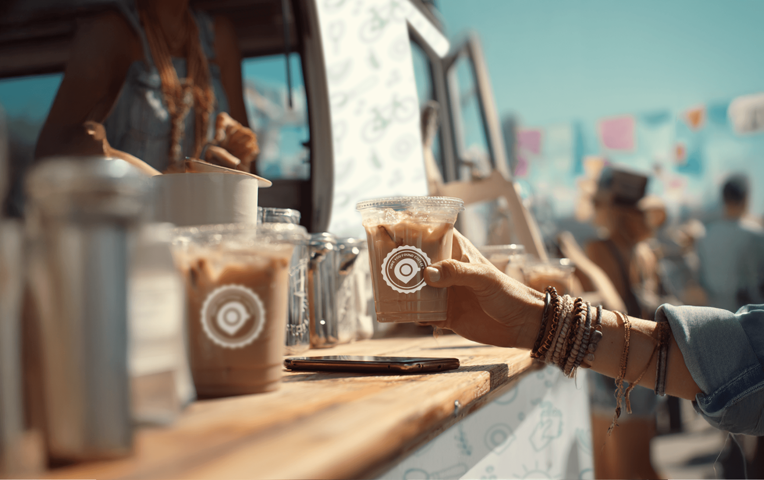 Coffee truck window with coffee cups 