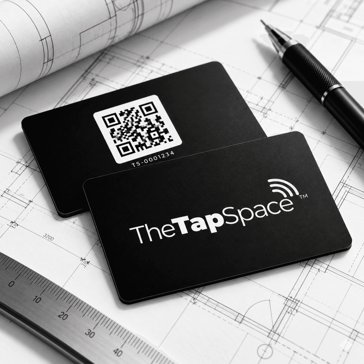 Two matte black TapSpace NFC cards, one showing the logo and one a QR concept