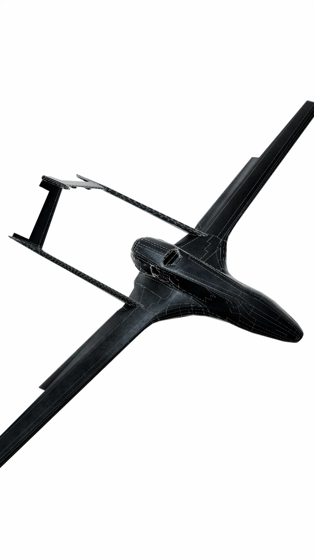3D render of a fixed-wing UAV — BotBlox mission-critical wired networking for unmanned aerial systems and aerospace platforms