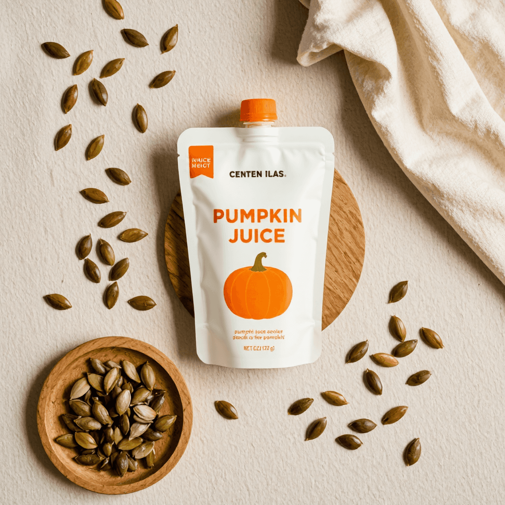 product photography of pumpkin juice pouch