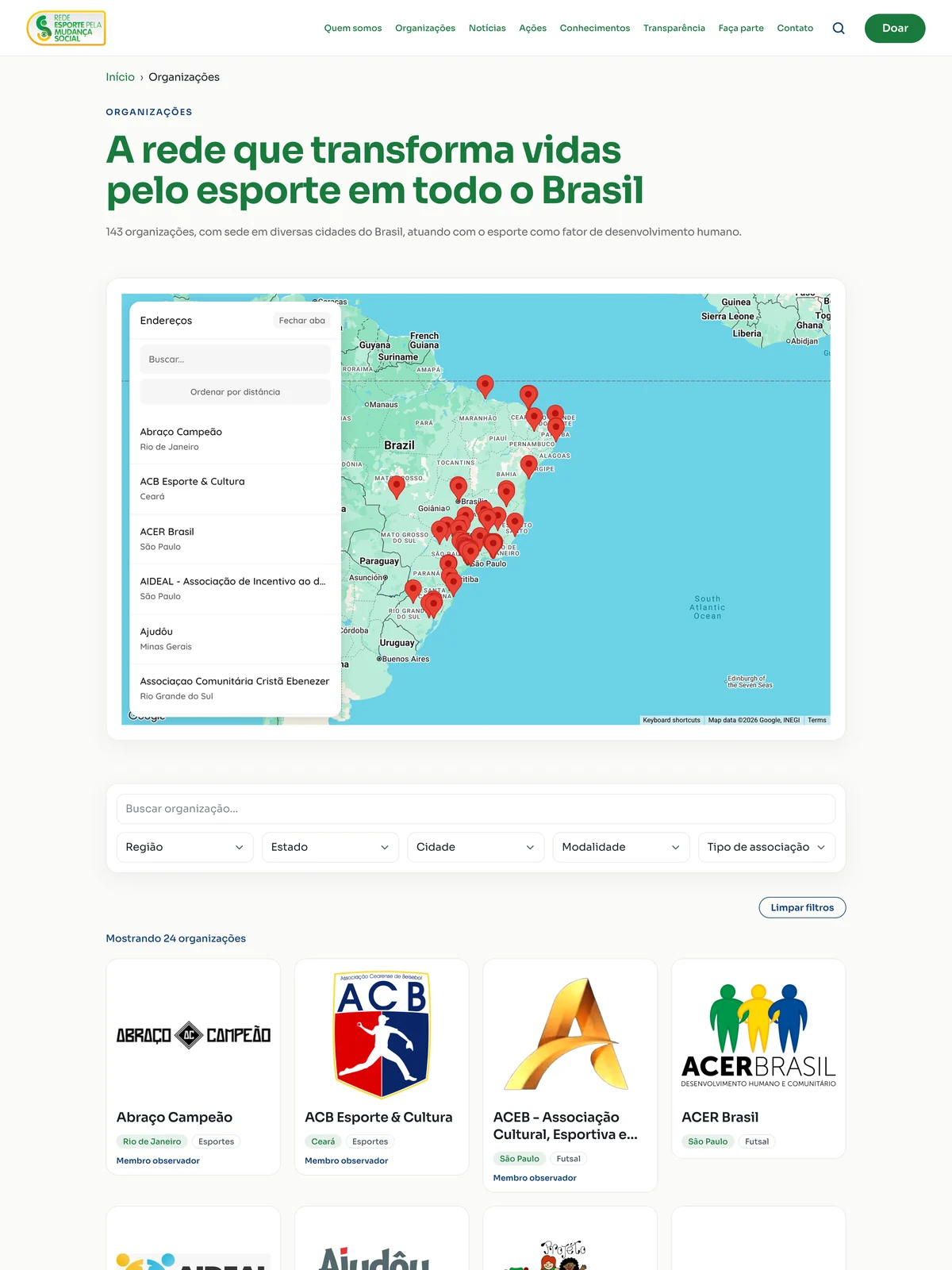 Página de organizações do site da REMS no computador, com mapa e lista de associadas