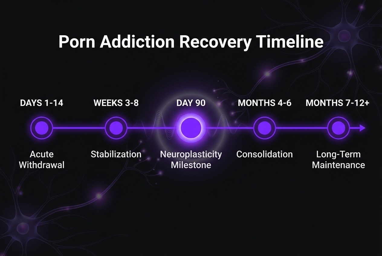 Porn addiction recovery timeline showing five stages from acute withdrawal at days 1-14 through  long-term maintenance at months 7-12 and beyond, with a neuroplasticity milestone at day 90