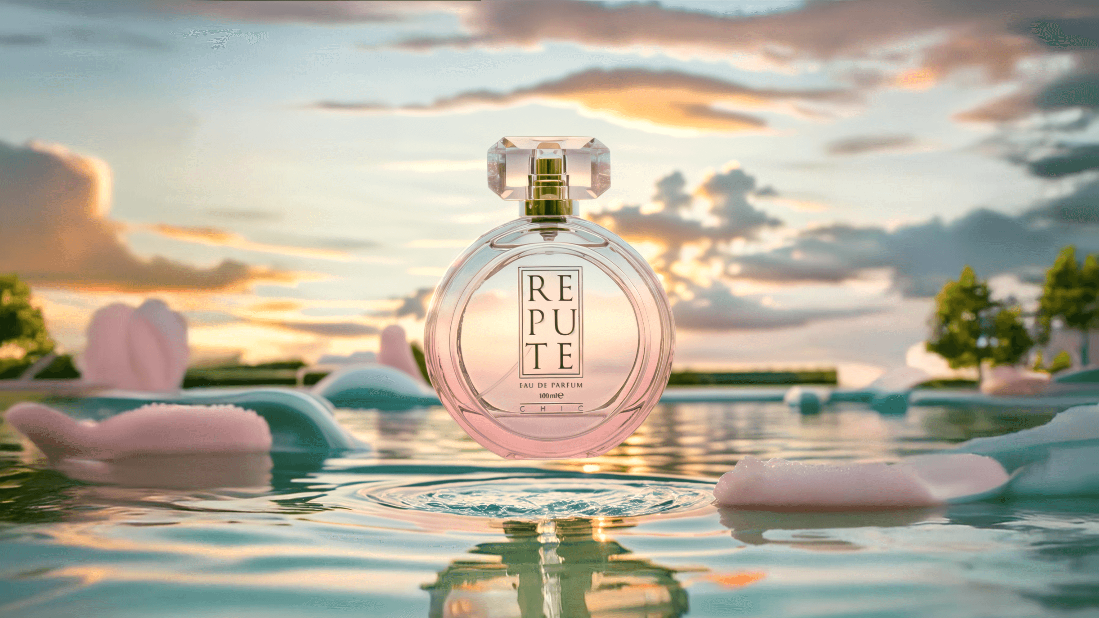 Bottle of perfume on a lake. Image generated by AI using Fuzer