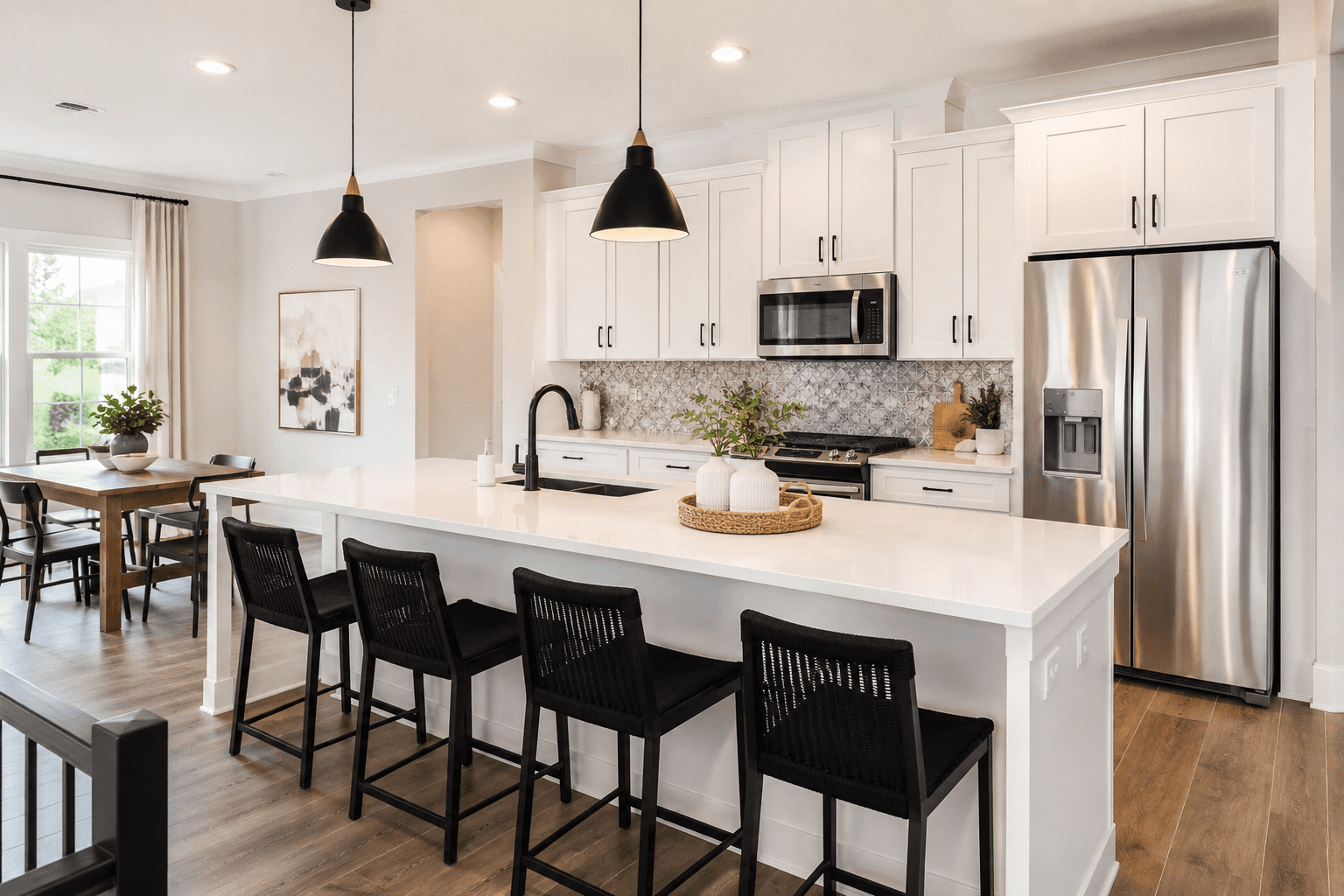 Bright white kitchen with pendant lighting and island seating
