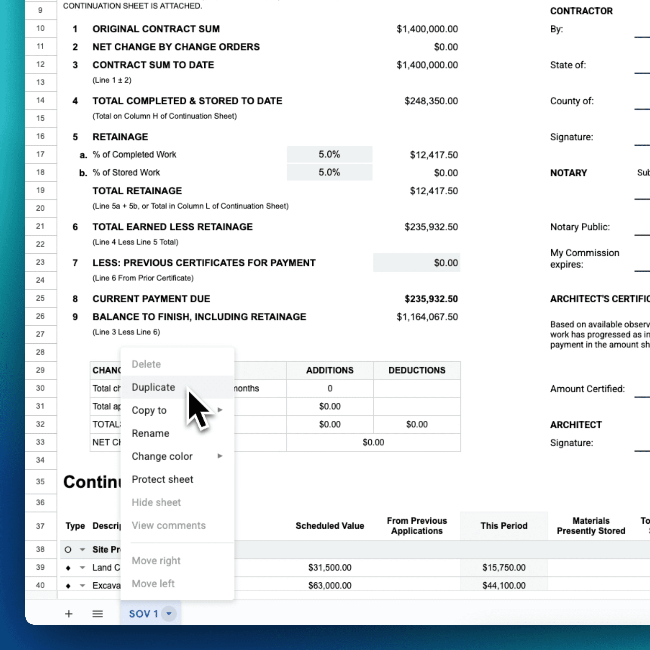 Google Sheets Schedule of Values continuation sheet close-up – line items for site prep, land clearing, excavation, scheduled values, previous applications, this period, and materials stored