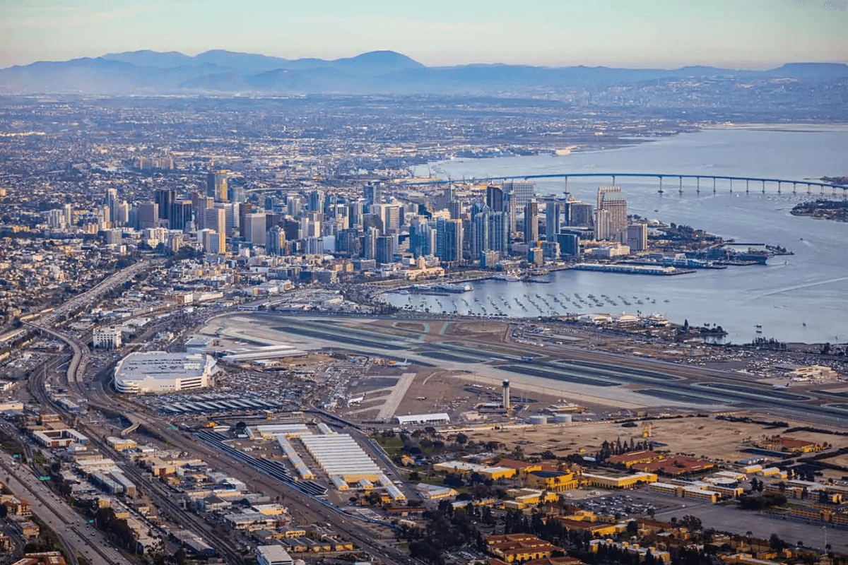 Aerial view of the San Diego skyline, harbour and Coronado Bridge