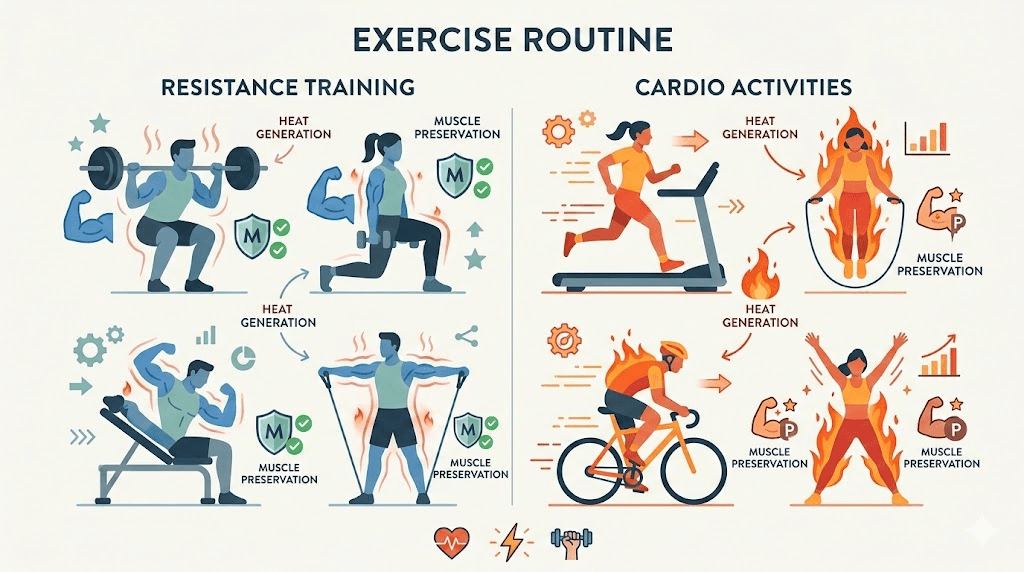 Exercise protocols for managing semaglutide cold sensitivity including resistance training and cardio
