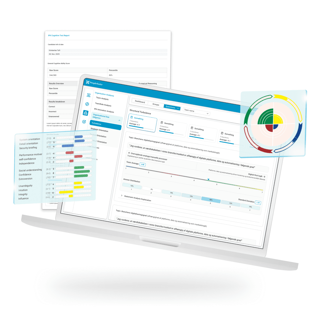 An open laptop screen showcasing data analytics software with colorful graphs, charts, and tables, alongside floating documents demonstrating analysis reports, emphasizing business intelligence and data visualization.