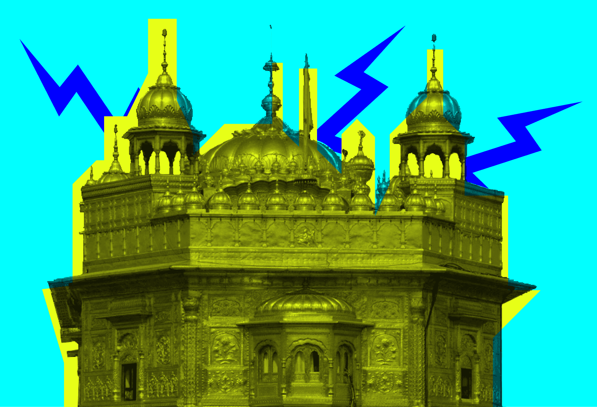 A digitally rendered image of a golden, ornate building with multiple domes and spires, set against a bright blue background with yellow lightning bolts. The building features intricate architectural details, including arched windows and decorative patterns.