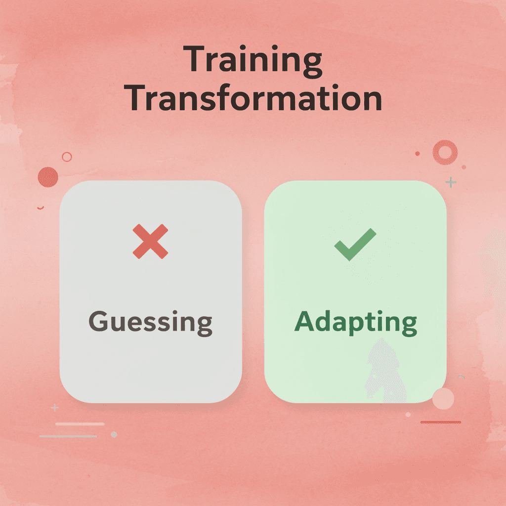 Before and after comparison showing transformation from guessing to adapting - Can You Do Lagree at Home