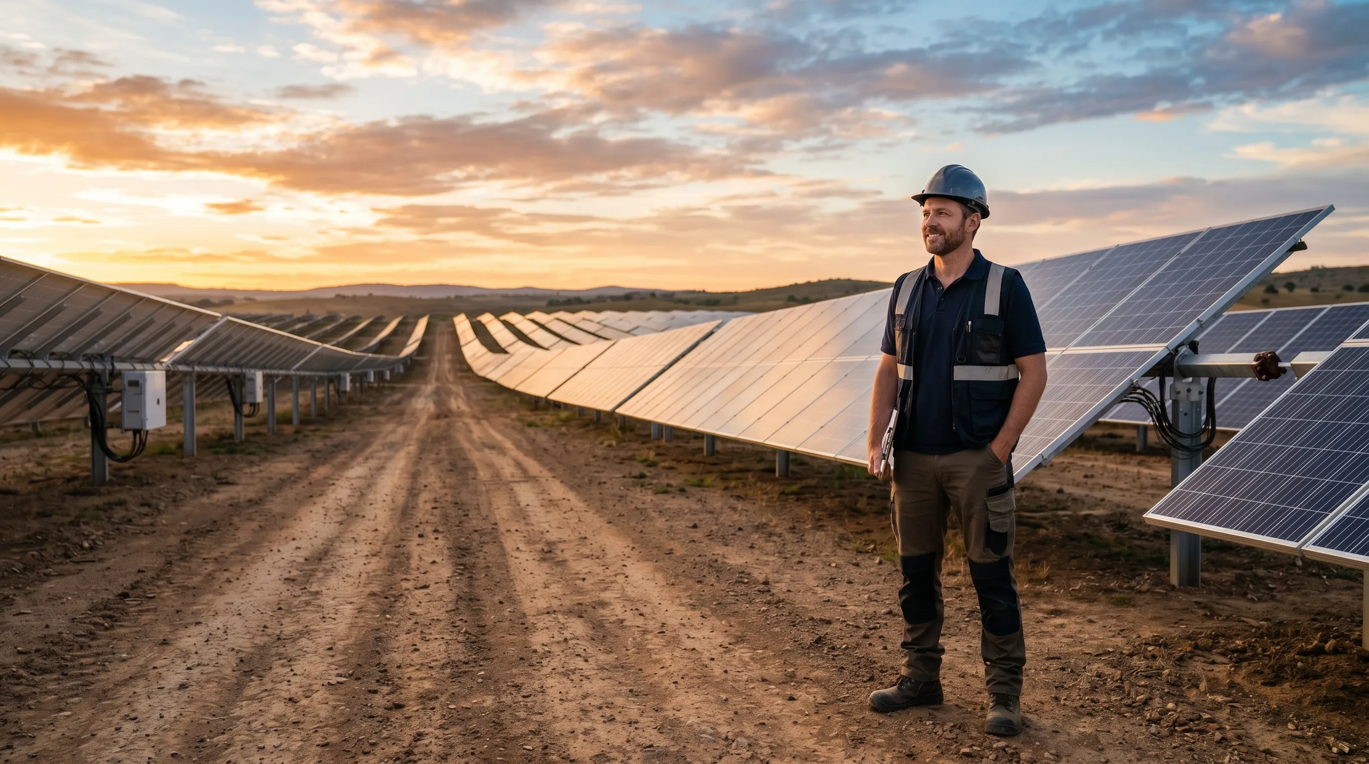 Engineer in safety gear standing beside solar panels at sunset on a solar farm site.