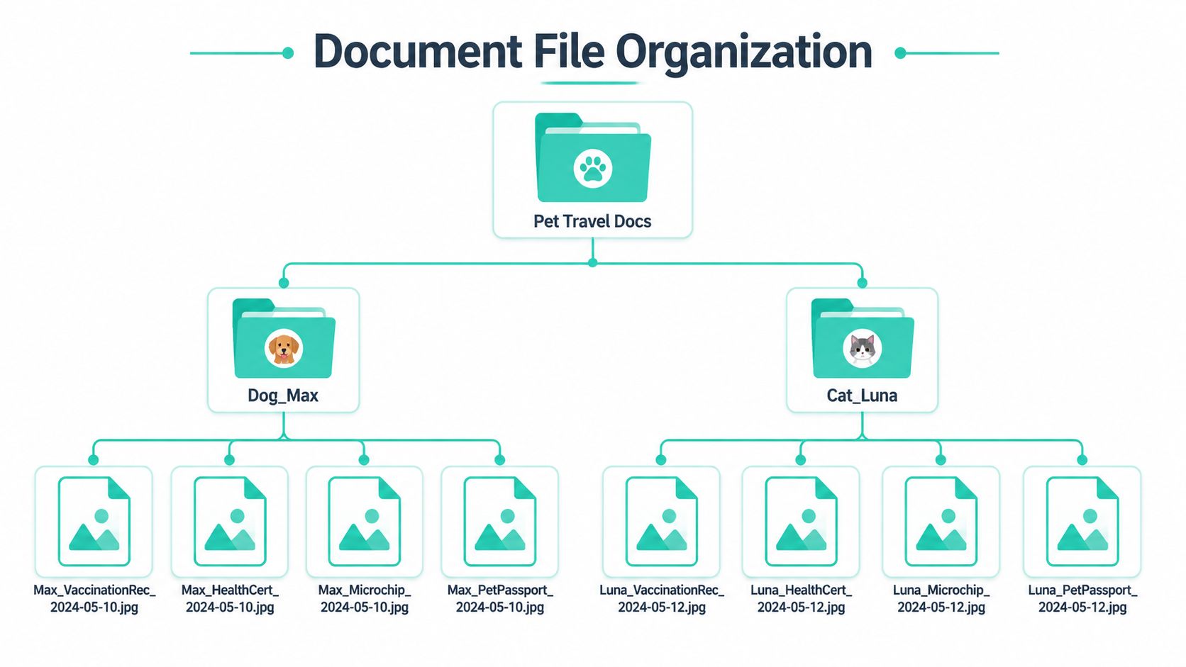 A diagram illustrating a hierarchical folder structure for organizing pet travel documents for a dog and cat.