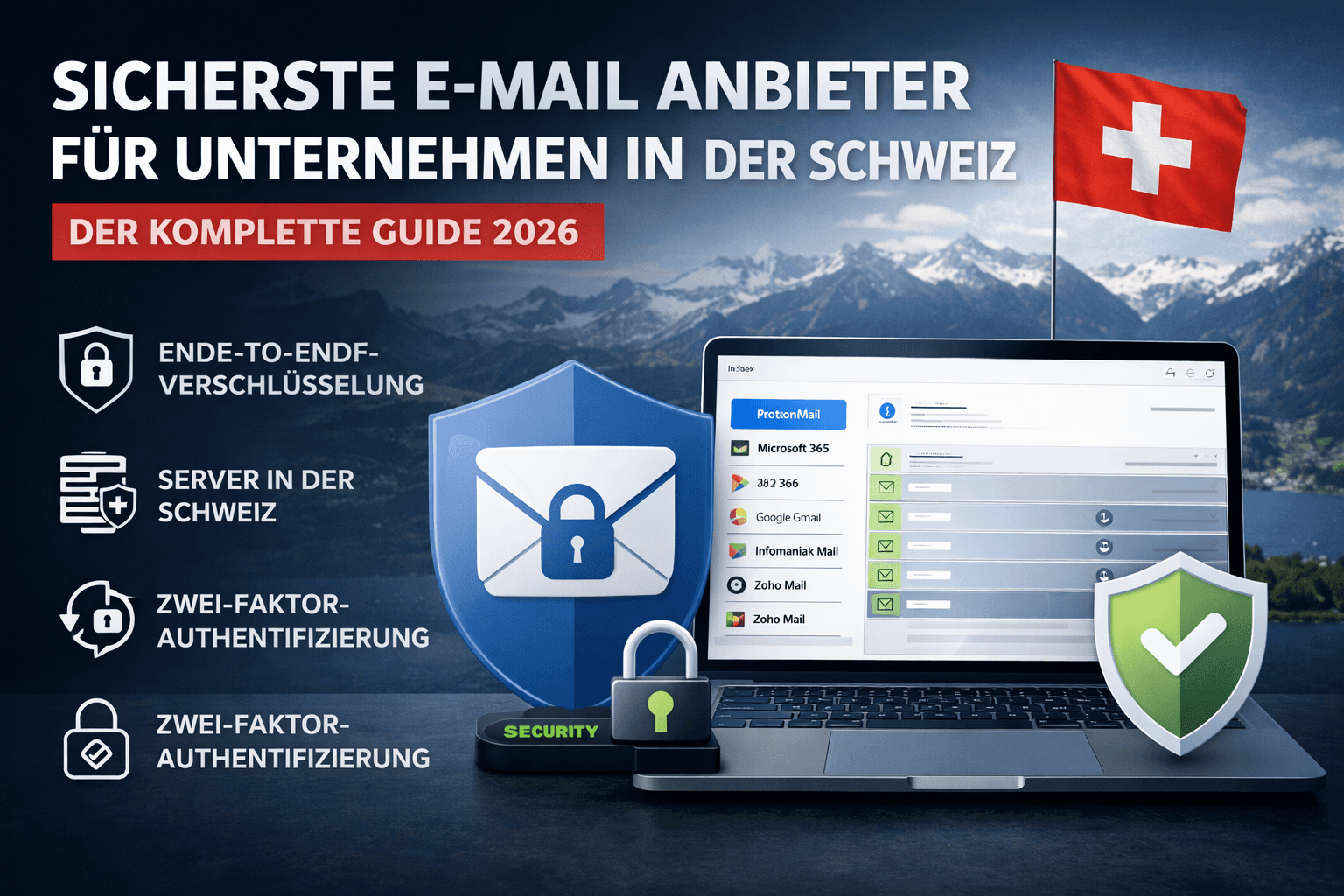 E-Mail Anbieter Schweiz Vergleich 2026. Die sichersten Lösungen für Unternehmen mit Fokus auf Datenschutz, Verschlüsselung und Schutz vor Cyberangriffen.