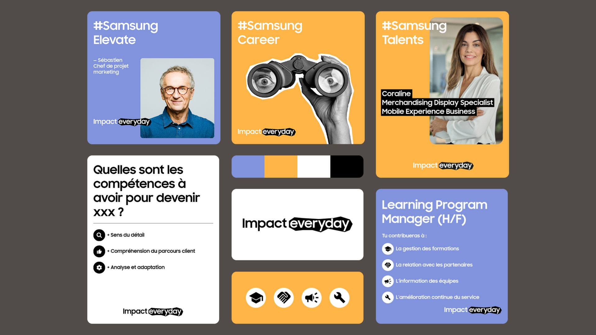 Planche de communication pour la campagne de recrutement de Samsung "Impact everyday". Elle est composée de plusieurs blocs colorés (bleu, jaune) avec des portraits d'employés, des hashtags comme #SamsungTalents, et des descriptions de postes et de compétences.