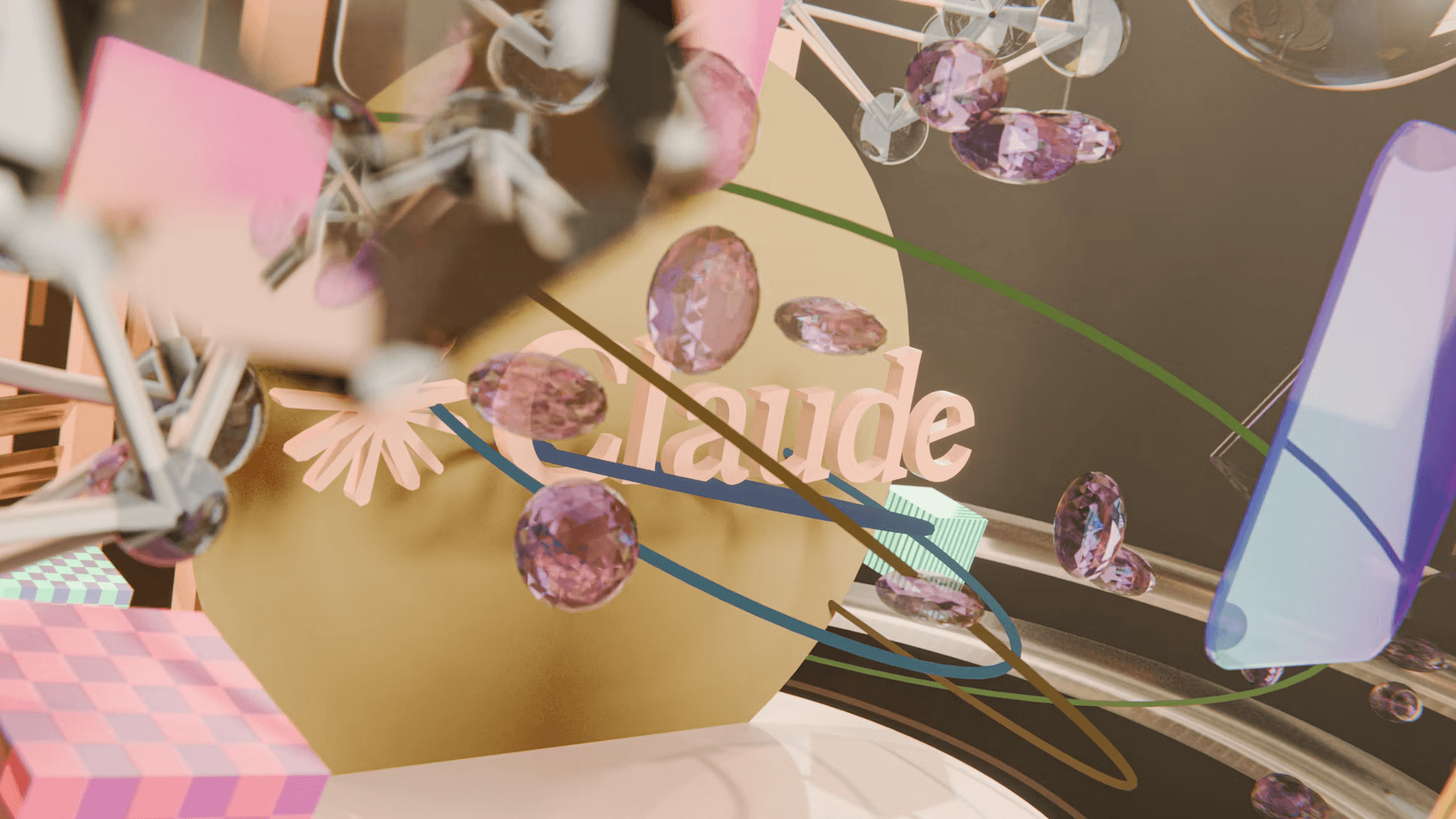 Abstract 3D scene of glass shapes, gems and pastel blocks around a brand logo