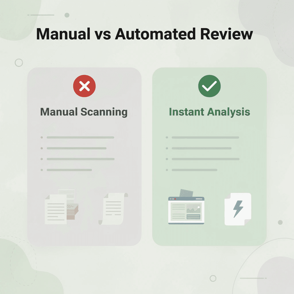 Before and after infographic showing manual data scanning versus automated analysis