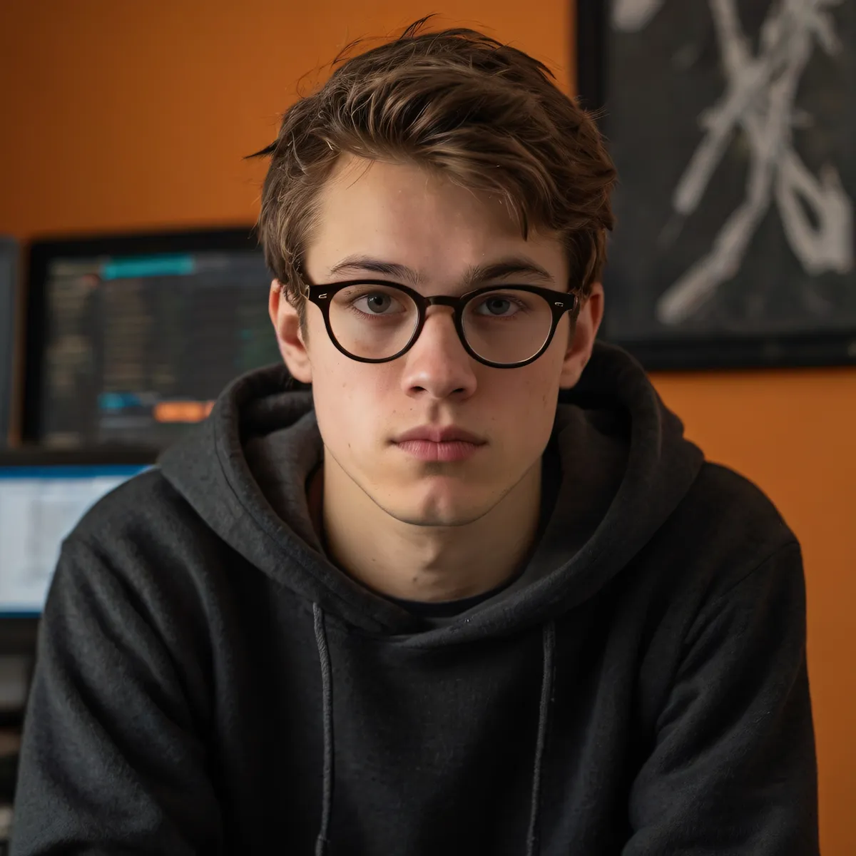 Young man with glasses in a gray hoodie, sitting in front of a computer screen with an orange background.