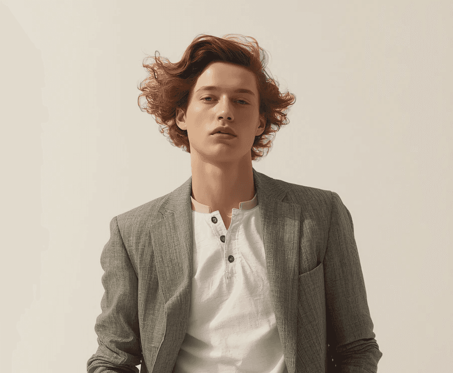 Young man in gray linen blazer over white henley shirt