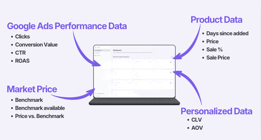 Die Grafik zeigt, dass man mit dem Labelizer von Label Up seine PMAX Kampagnen nach eigenen Kriterien, sowie Performance, Produktdaten und Marktdaten segmentieren kann