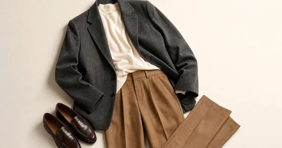 Charcoal Gray jacket with an ivory top and camel accessory on a warm stone background