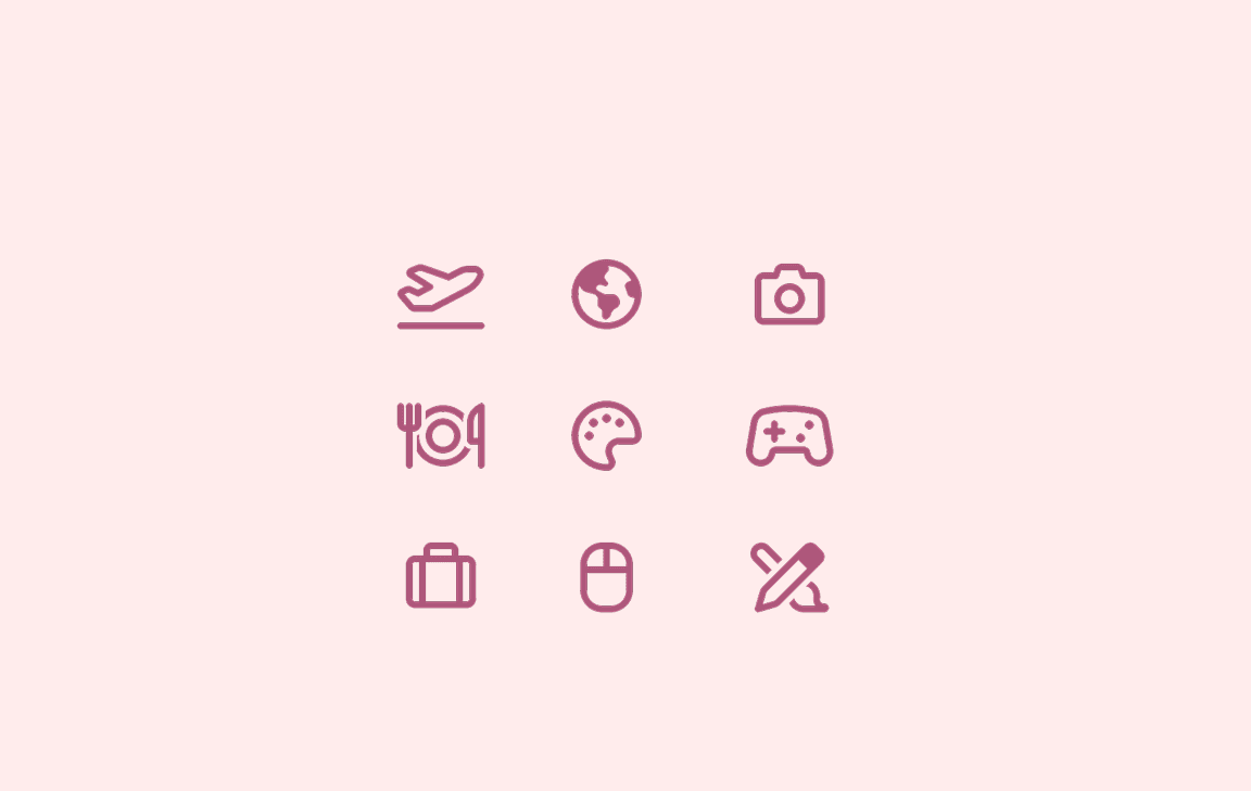 Minimal line icon set displayed on a soft pink background, including everyday object and interface symbols.