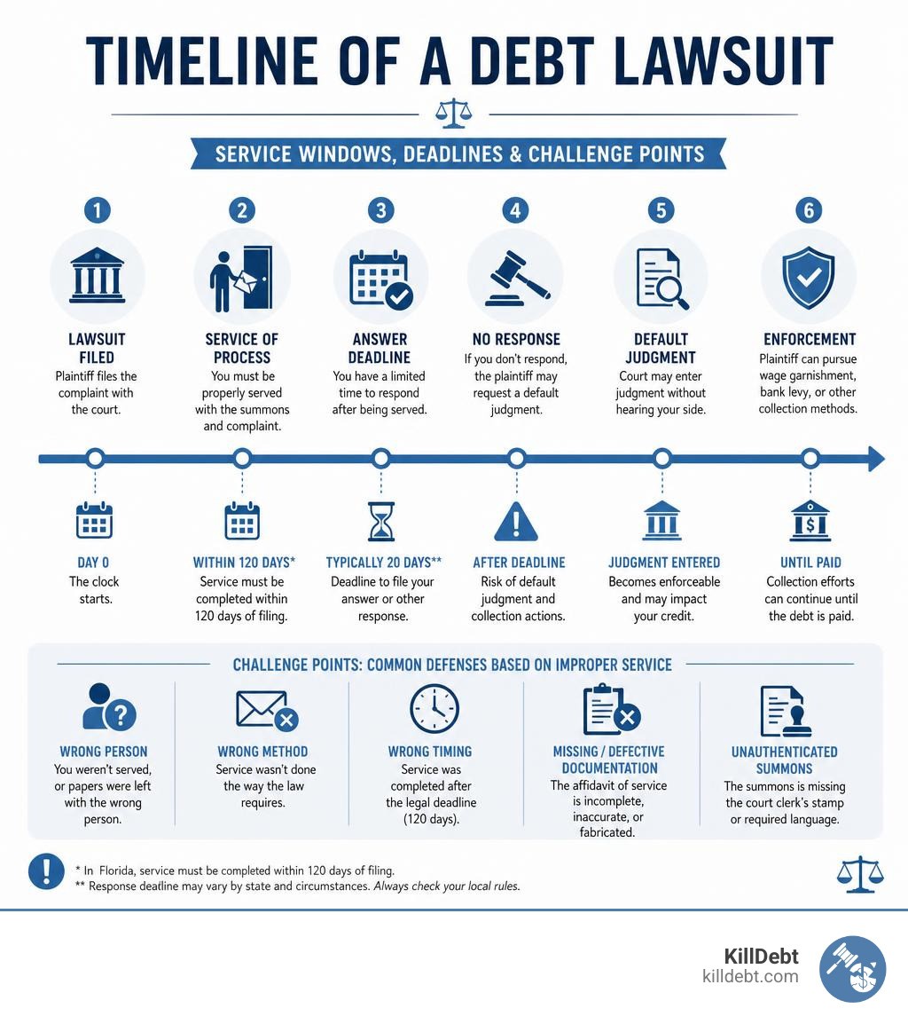 Timeline of a debt lawsuit showing service windows, deadlines, and challenge points infographic
