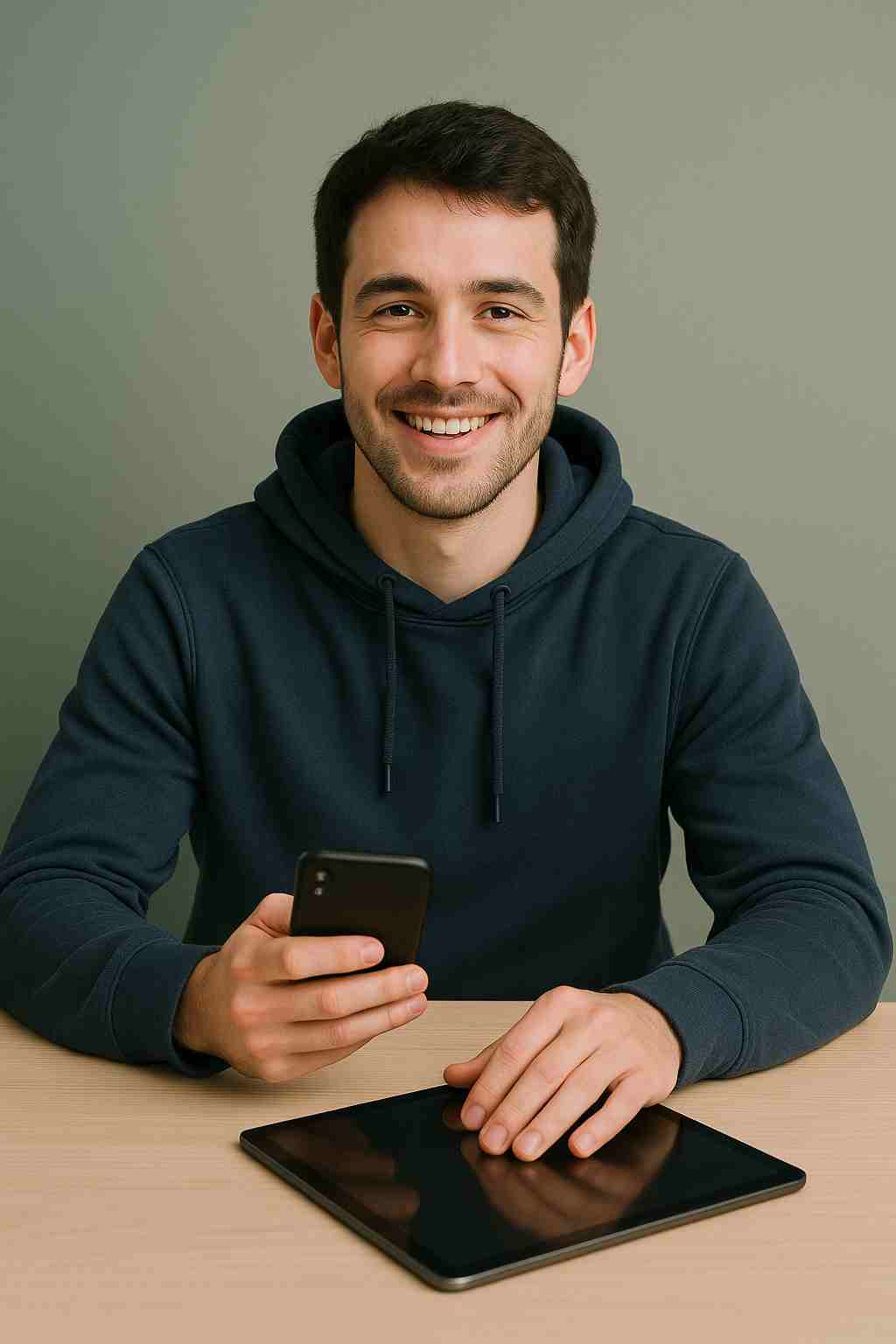 Man with a beard wearing a dark button-up shirt, smiling while writing in a notebook.