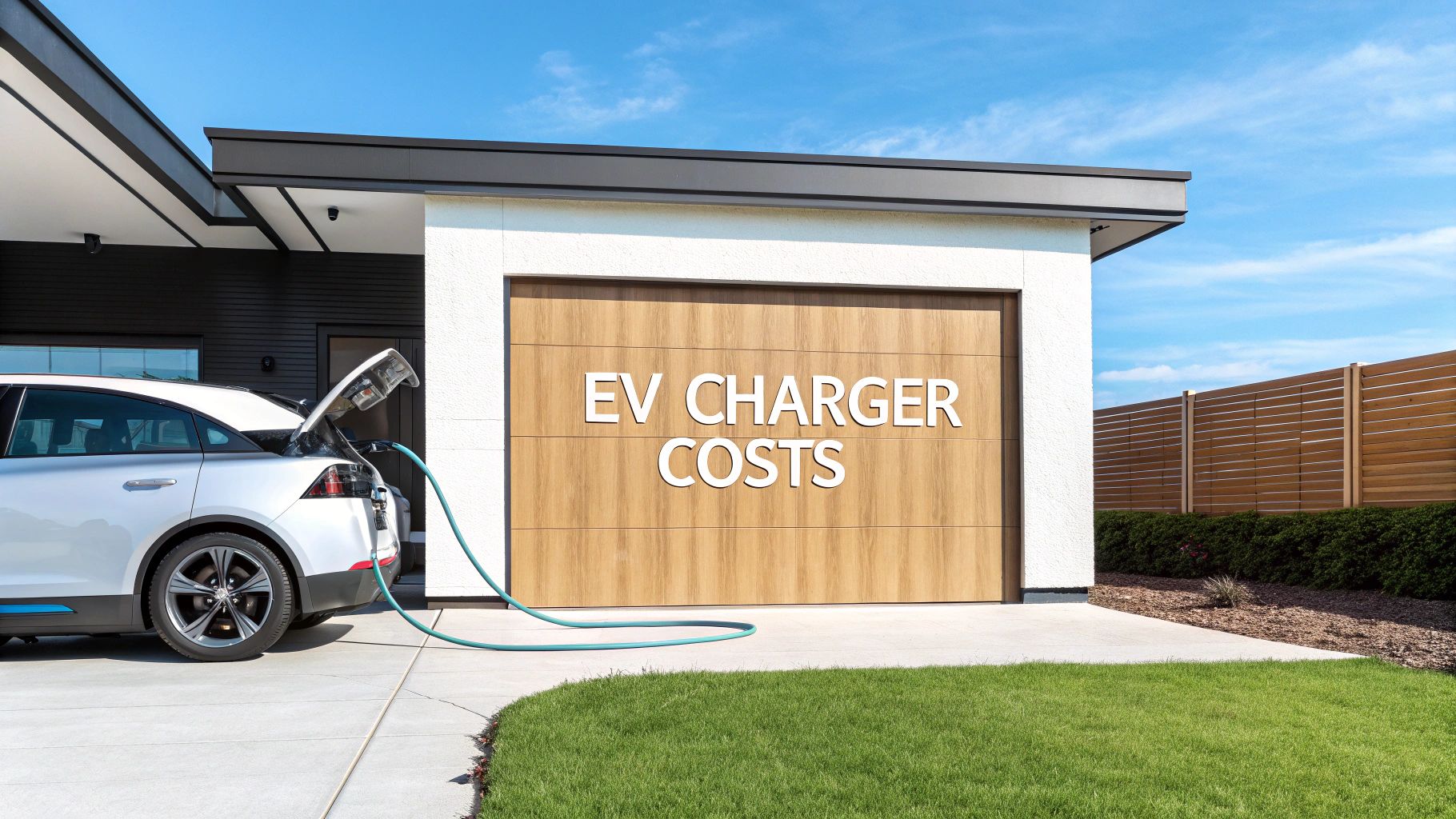 a wooden garage with the text 'ev charger costs' and a electrical vehicle charging next to it