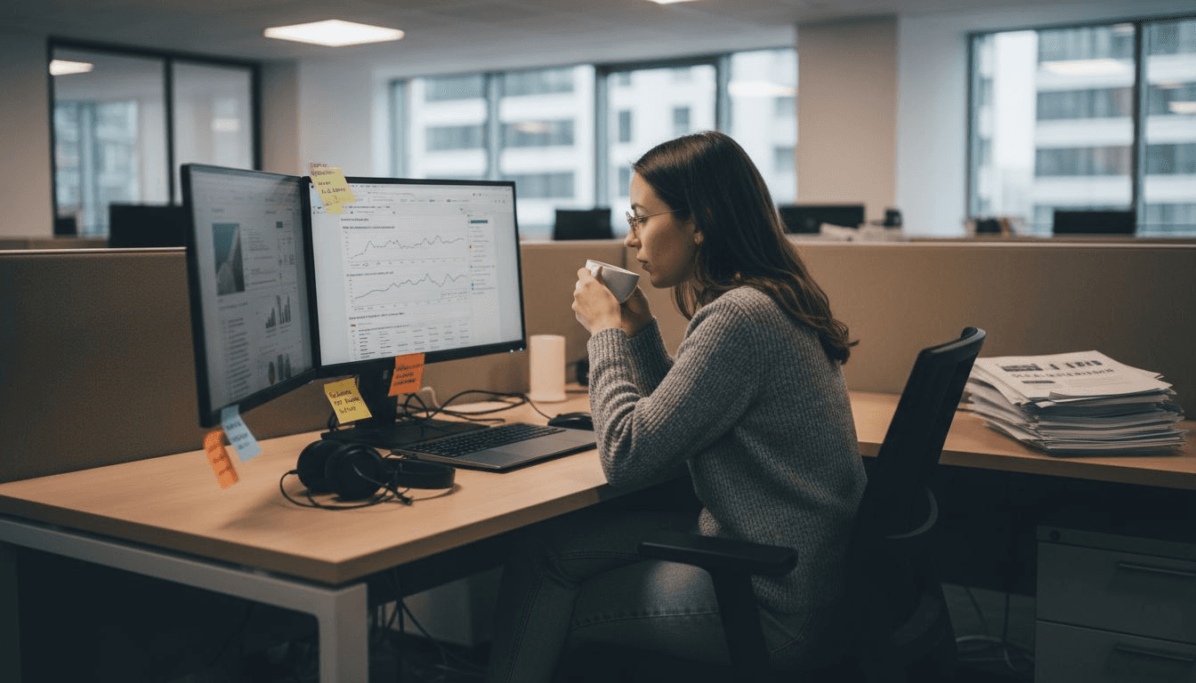 Un expert SEO analyse les données issues de l’intelligence artificielle depuis son bureau.